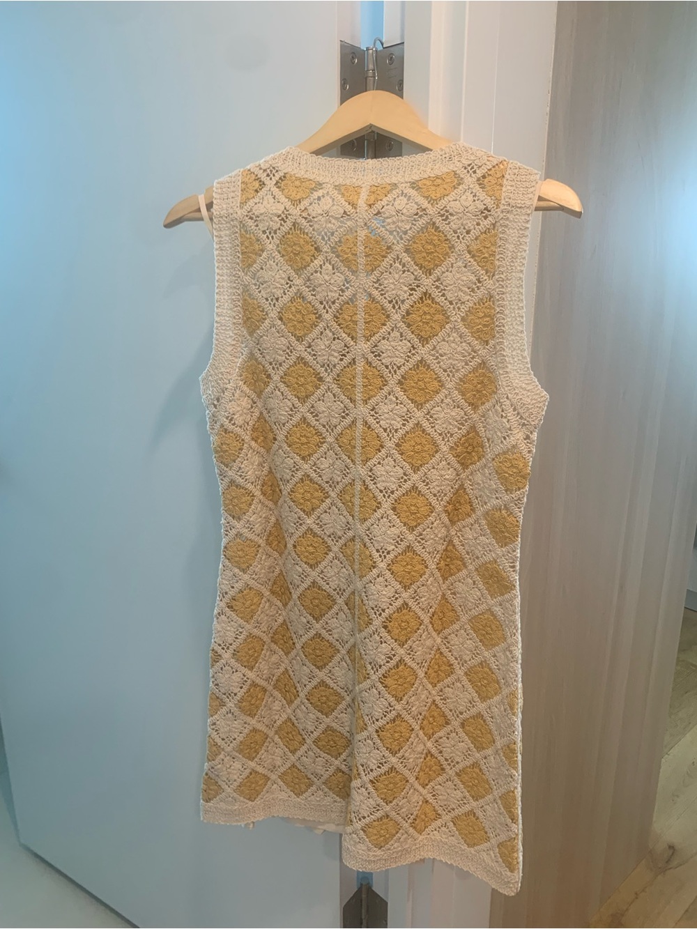 Sezane Cream and Mustard Crochet Button-Front Mini Dress - Picture 2 of 8